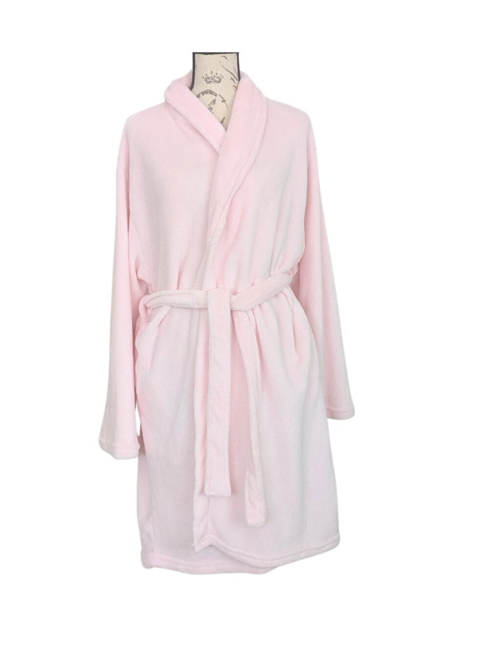 Hotel Collection Pink Plush Fleece Robe One Size Belted Bathrobe w/ Pockets - Picture 2 of 6